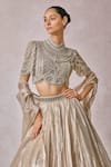 Buy_Tarun Tahiliani_Silver Blouse Tulle Embellished Pearl High Neck Scallop Lehenga Set _Online_at_Aza_Fashions