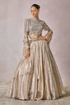 Shop_Tarun Tahiliani_Silver Blouse Tulle Embellished Pearl High Neck Scallop Lehenga Set _Online_at_Aza_Fashions