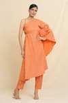 Buy_Adara Khan_Orange Crepe Stripe Asymmetric Pattern Kurta And Trouser Set_at_Aza_Fashions
