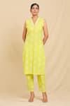 Shop_Samyukta Singhania_Yellow Pure Cotton Printed Bouquet V Neck Kurta And Trouser Set _Online_at_Aza_Fashions