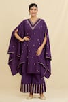 Buy_Adara Khan_Wine Poly Crepe Printed Leaf V Neck Kaftan Kurta And Flared Pant Set_at_Aza_Fashions