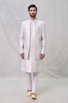 Buy_Arihant Rai Sinha_Grey Art Silk Embroidery Sequin Short Sherwani Jacket Aligadhi Pant Set _Online_at_Aza_Fashions