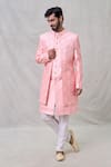 Buy_Arihant Rai Sinha_Pink Silk, Faux Leather, Cotton Embroidery, Sequins Flower Butti Sherwani Set _at_Aza_Fashions