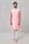 Arihant Rai Sinha_Pink Silk, Faux Leather, Cotton Embroidery, Sequins Flower Butti Sherwani Set _Online_at_Aza_Fashions