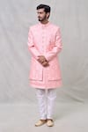 Buy_Arihant Rai Sinha_Pink Silk, Faux Leather, Cotton Embroidery, Sequins Flower Butti Sherwani Set _Online_at_Aza_Fashions