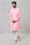 Shop_Arihant Rai Sinha_Pink Silk, Faux Leather, Cotton Embroidery, Sequins Flower Butti Sherwani Set _Online_at_Aza_Fashions