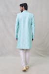 Shop_Arihant Rai Sinha_Green Denim, Faux Leather, Silk Embroidery Floral Sherwani With Aligadhi Pant _at_Aza_Fashions