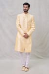 Buy_Arihant Rai Sinha_Yellow Art Silk Embroidery Floral Flower Butti Sherwani With Aligadhi Pant _at_Aza_Fashions