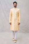 Arihant Rai Sinha_Yellow Art Silk Embroidery Floral Flower Butti Sherwani With Aligadhi Pant _Online_at_Aza_Fashions