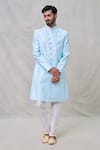 Buy_Arihant Rai Sinha_Blue Art Silk Embroidery Trellis Sherwani With Aligadhi Pant _at_Aza_Fashions