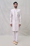 Arihant Rai Sinha_Grey Art Silk Embroidery Geometric Sequin Butti Sherwani With Aligadhi Pant _Online_at_Aza_Fashions