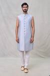 Arihant Rai Sinha_Blue Art Silk Embroidery Diamond Sherwani Pant Set_Online_at_Aza_Fashions