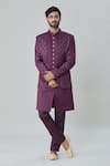 Buy_Arihant Rai Sinha_Wine Art Silk Embroidery Geometric Butti Short Sherwani Jacket Pant Set _at_Aza_Fashions