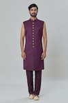 Arihant Rai Sinha_Wine Art Silk Embroidery Geometric Butti Short Sherwani Jacket Pant Set _Online_at_Aza_Fashions