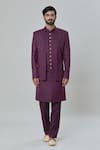 Buy_Arihant Rai Sinha_Wine Art Silk Embroidery Geometric Butti Short Sherwani Jacket Pant Set _Online_at_Aza_Fashions