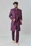 Shop_Arihant Rai Sinha_Wine Art Silk Embroidery Geometric Butti Short Sherwani Jacket Pant Set _Online_at_Aza_Fashions