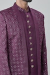 Arihant Rai Sinha_Wine Art Silk Embroidery Geometric Butti Short Sherwani Jacket Pant Set _at_Aza_Fashions