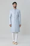 Arihant Rai Sinha_Blue Art Silk Embroidery Scallop Sherwani With Churidar _Online_at_Aza_Fashions