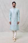 Buy Arihant Rai Sinha Blue Silk, Chanderi Cut Work Floral Embroidered Sherwani Set Online at Aza Fashions Buy_Arihant Rai Sinha_Blue Silk, Chanderi Cut Work Floral Embroidered Sherwani Set _Online_at_Aza_Fashions