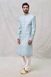 Shop Arihant Rai Sinha Blue Silk, Chanderi Cut Work Floral Embroidered Sherwani Set Online at Aza Fashions Shop_Arihant Rai Sinha_Blue Silk, Chanderi Cut Work Floral Embroidered Sherwani Set _Online_at_Aza_Fashions