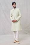 Buy_Arihant Rai Sinha_Green Georgette, Denim Cut Work, Sequins, Embroidery Cutdana Sherwani Set _at_Aza_Fashions