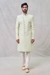 Shop_Arihant Rai Sinha_Green Georgette, Denim Cut Work, Sequins, Embroidery Cutdana Sherwani Set _at_Aza_Fashions