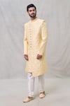 Buy_Arihant Rai Sinha_Yellow Sherwani Art Silk Embroidery Thread Checkered Set _at_Aza_Fashions