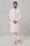 Buy_Arihant Rai Sinha_Cream Silk, Faux Leather, Chanderi Beads, Cut Lotus Embroidered Sherwani Set _at_Aza_Fashions