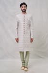 Arihant Rai Sinha_Green Sherwani Art Silk Embroidery Bead Flower Set _Online_at_Aza_Fashions