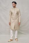 Buy_Arihant Rai Sinha_Beige Sherwani Art Silk Embroidery Sequin Scallop Set _at_Aza_Fashions