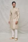 Shop_Arihant Rai Sinha_Beige Sherwani Art Silk Embroidery Sequin Scallop Set _Online_at_Aza_Fashions