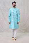 Buy_Arihant Rai Sinha_Blue Silk Sequins, Embroidery Geometric Pattern Sherwani Set _Online_at_Aza_Fashions
