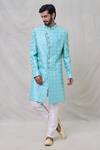 Shop_Arihant Rai Sinha_Blue Silk Sequins, Embroidery Geometric Pattern Sherwani Set _Online_at_Aza_Fashions