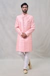 Buy_Arihant Rai Sinha_Peach Sherwani Art Silk Embroidery Thread Geometric Pattern And Pant Set _at_Aza_Fashions