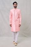 Buy_Arihant Rai Sinha_Peach Sherwani Art Silk Embroidery Thread Geometric Pattern And Pant Set _Online_at_Aza_Fashions