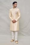 Buy_Arihant Rai Sinha_Beige Sherwani Art Silk Embroidery Thread Chevron Pattern Set _at_Aza_Fashions