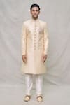 Arihant Rai Sinha_Beige Sherwani Art Silk Embroidery Thread Chevron Pattern Set _Online_at_Aza_Fashions