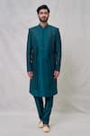 Arihant Rai Sinha_Blue Art Silk Embroidery Mirror Thread Sequin Florin Vine Layered Sherwani Set _Online_at_Aza_Fashions