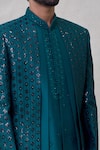 Shop_Arihant Rai Sinha_Blue Art Silk Embroidery Mirror Thread Sequin Florin Vine Layered Sherwani Set _Online_at_Aza_Fashions