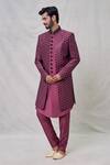 Buy_Arihant Rai Sinha_Maroon Art Silk Embroidery Mirror Blossom Vine Thread Layered Sherwani Set _at_Aza_Fashions