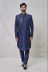 Arihant Rai Sinha_Blue Art Silk Embroidery Mirror Fleur Vine Thread Layered Sherwani Set_Online_at_Aza_Fashions