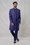 Buy_Arihant Rai Sinha_Blue Art Silk Embroidery Thread Quad Sequin Bloom Sherwani Set_at_Aza_Fashions