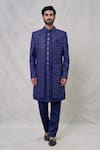 Buy_Arihant Rai Sinha_Blue Art Silk Embroidery Thread Quad Sequin Bloom Sherwani Set_Online_at_Aza_Fashions