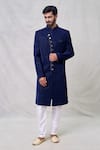 Buy_Arihant Rai Sinha_Blue Velvet Silk Embroidery Thread Floret Motif Layered Sherwani Set _at_Aza_Fashions