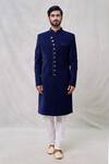 Buy_Arihant Rai Sinha_Blue Velvet Silk Embroidery Thread Floret Motif Layered Sherwani Set _Online_at_Aza_Fashions