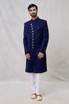 Shop_Arihant Rai Sinha_Blue Velvet Silk Embroidery Thread Floret Motif Layered Sherwani Set _Online_at_Aza_Fashions