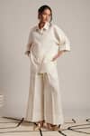 Buy_Moh India_Off White 100% Pure Linen Plain Celeste Solid Flared Trouser _at_Aza_Fashions