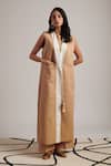 Buy_Moh India_Beige Linen Tassels Open Neck Harmony Plain Overlay _at_Aza_Fashions