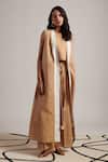 Buy_Moh India_Beige Linen Tassels Open Neck Harmony Plain Overlay _Online_at_Aza_Fashions