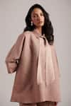 Moh India_Pink 100% Pure Linen Plain Collar Moon Shirt And Flared Trouser Set _at_Aza_Fashions